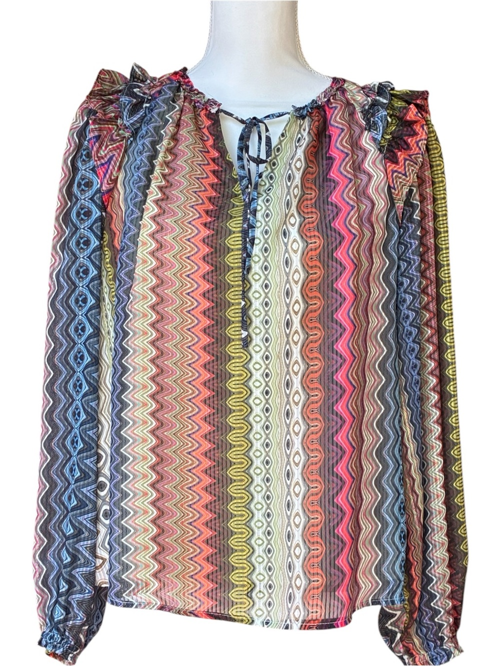 NWT CIEBON Zig Zag Sheer Multicolor Blouse Medium | Ruffle Puff Sleeve Boho Top